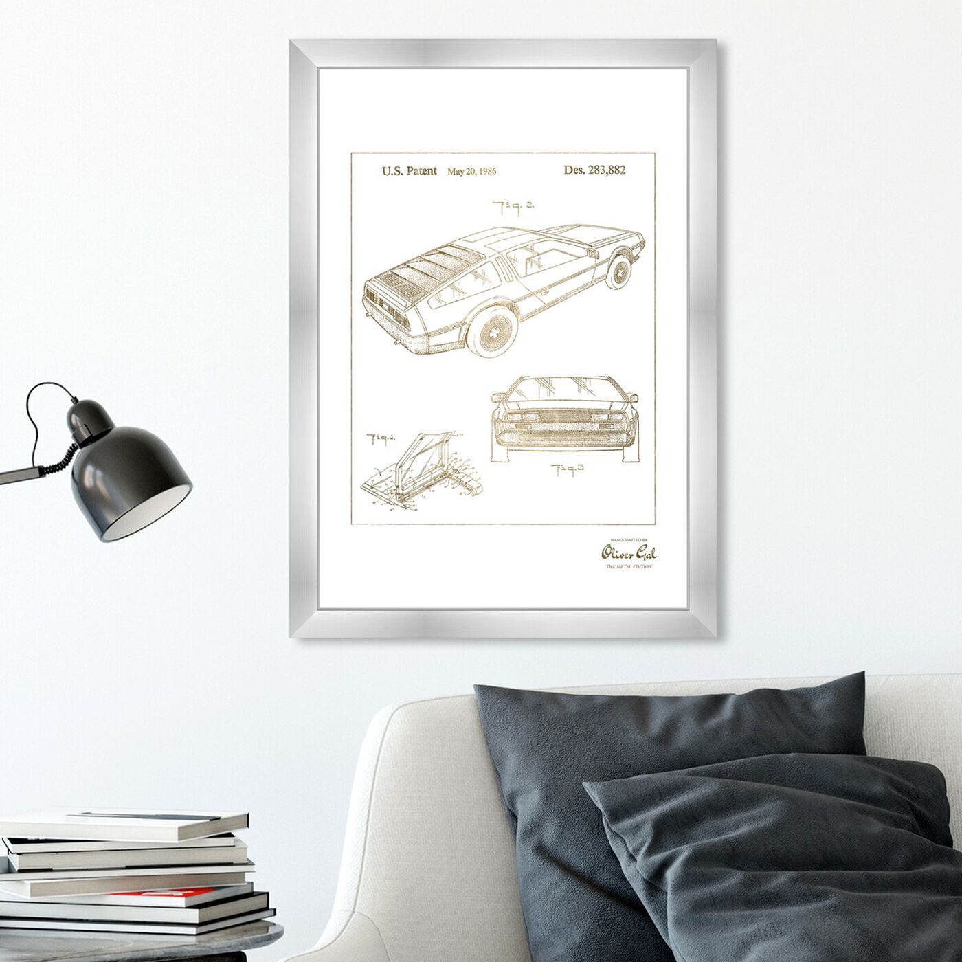 Hanging view of Delorean 1986 Gold featuring transportation and automobiles art.