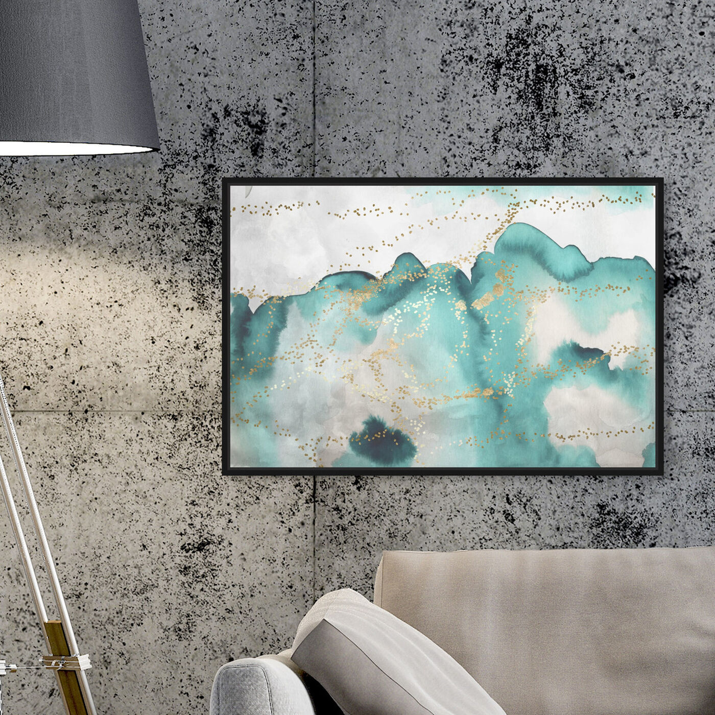 Hanging view of Aqua Lovers Waltz featuring abstract and watercolor art.