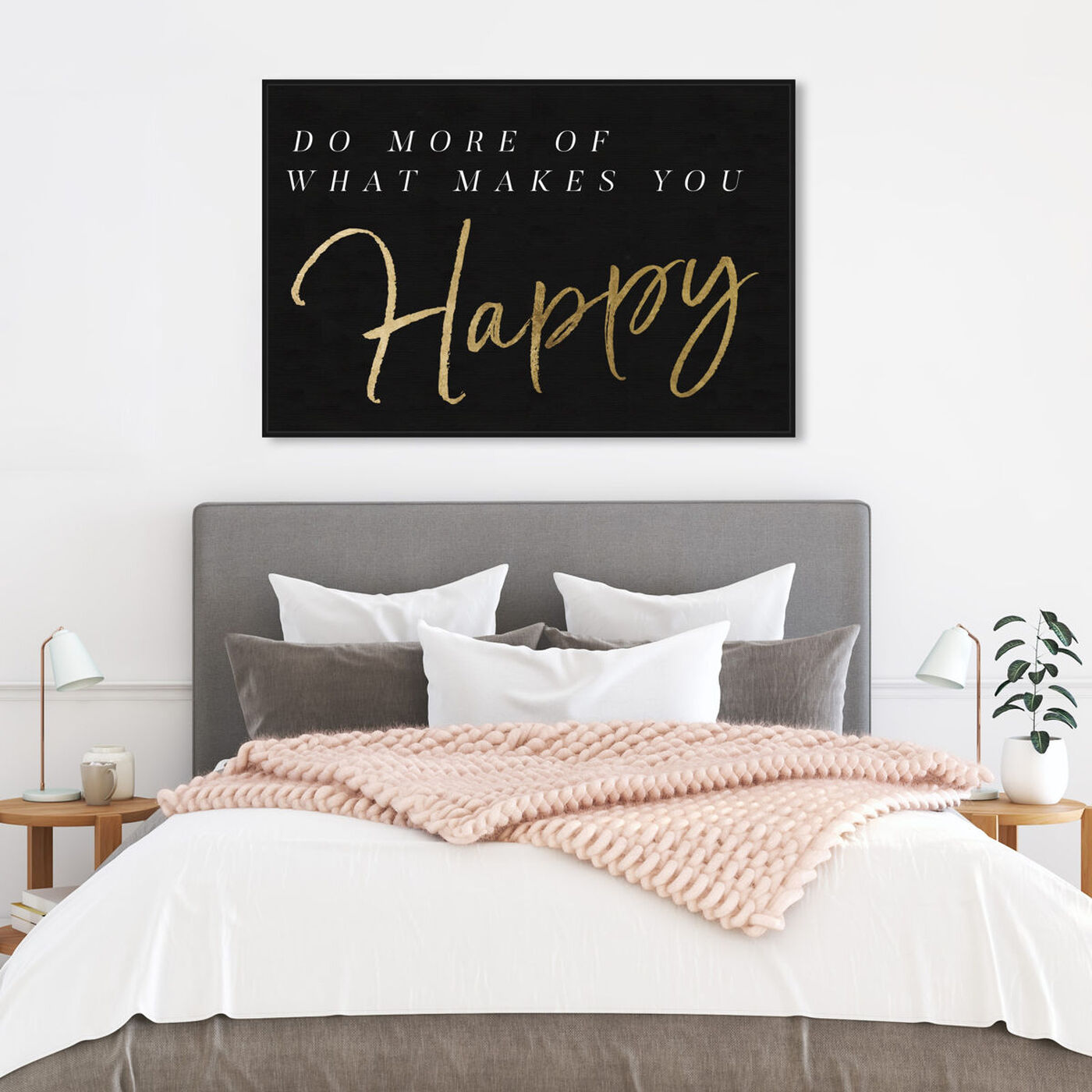 Hanging view of What Makes You Happy Gold and Gray featuring typography and quotes and motivational quotes and sayings art.