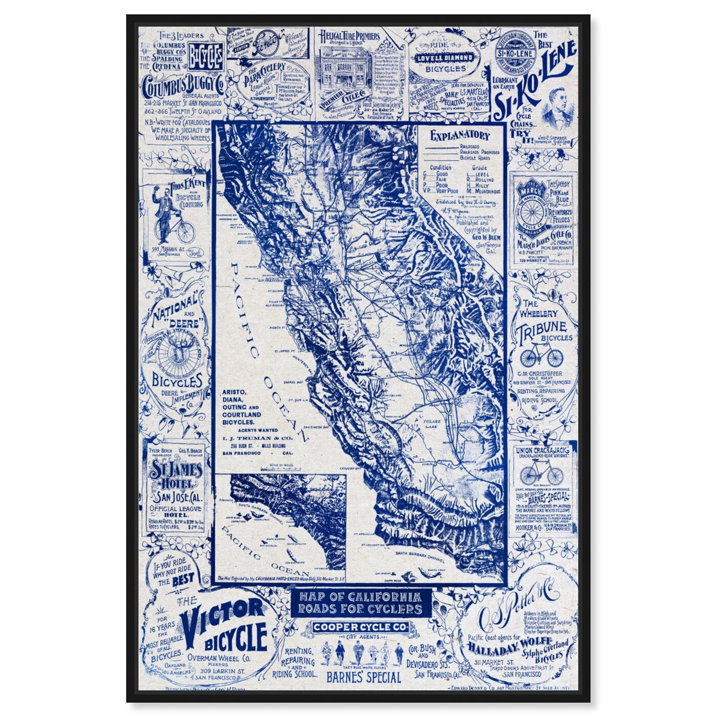 Front view of Map of California 1896 for Cyclers Blueprint featuring maps and flags and us states maps art.