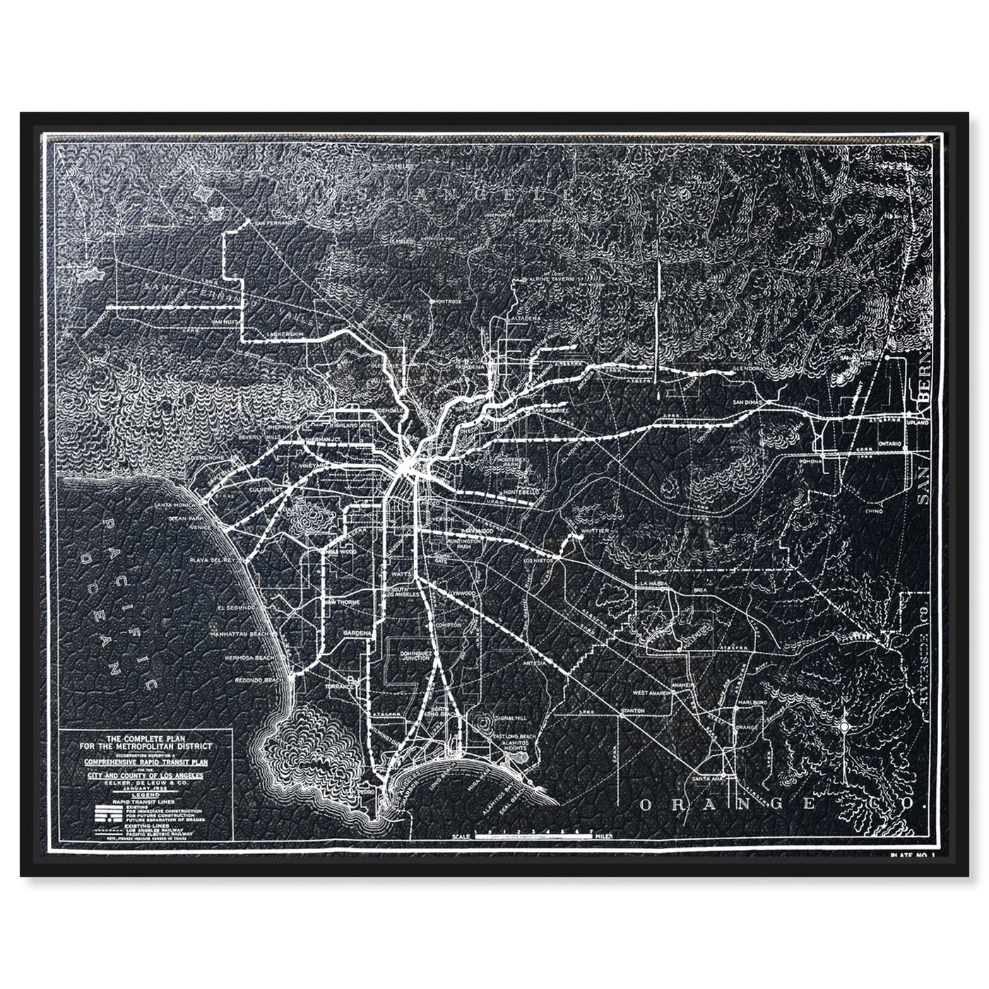 Front view of LA Rapid Transit Map 1925 featuring maps and flags and us cities maps art.