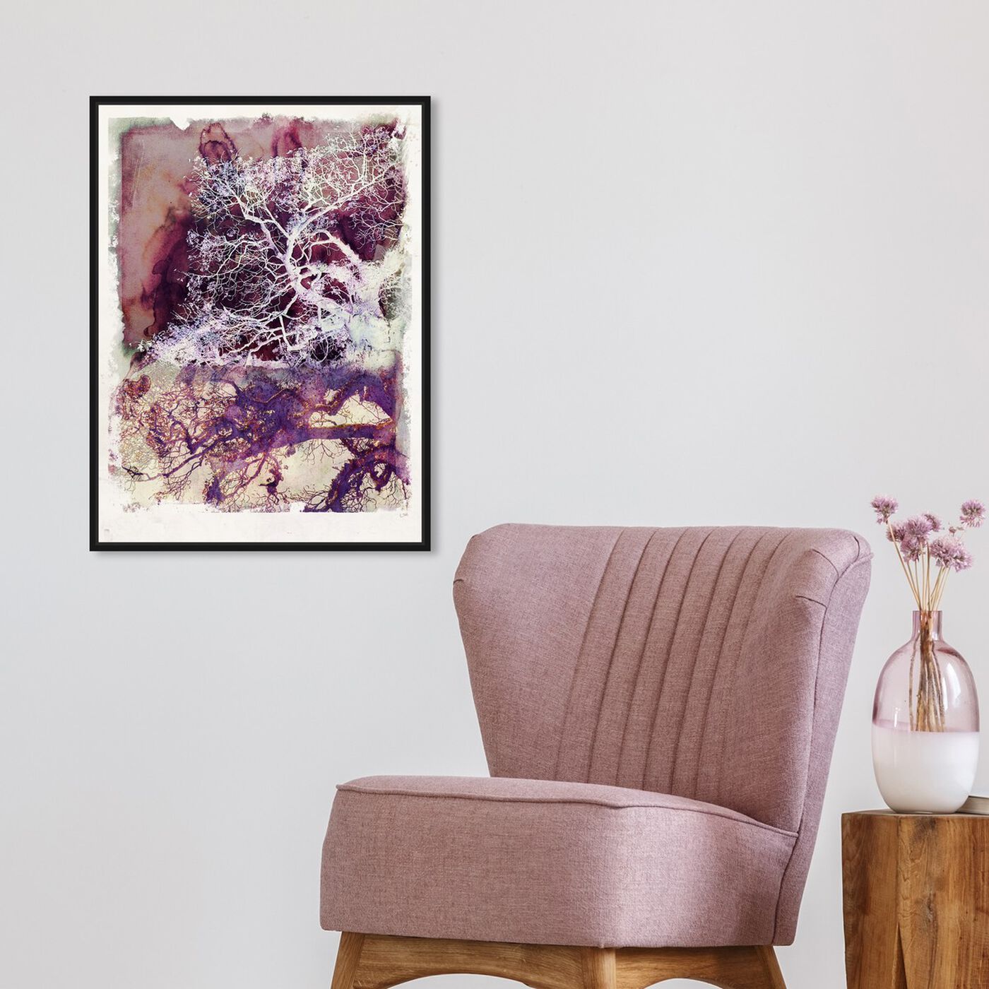 Hanging view of Wanderer in Mauve featuring floral and botanical and trees art.