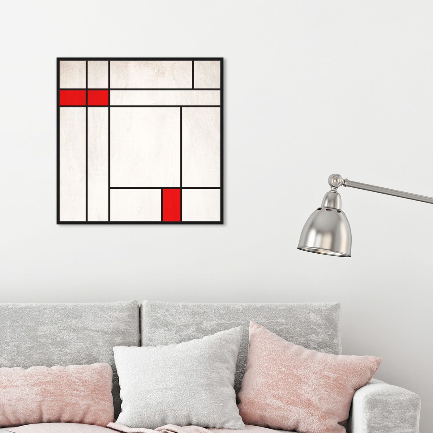 Hanging view of Red Edge Composition featuring abstract and geometric art.