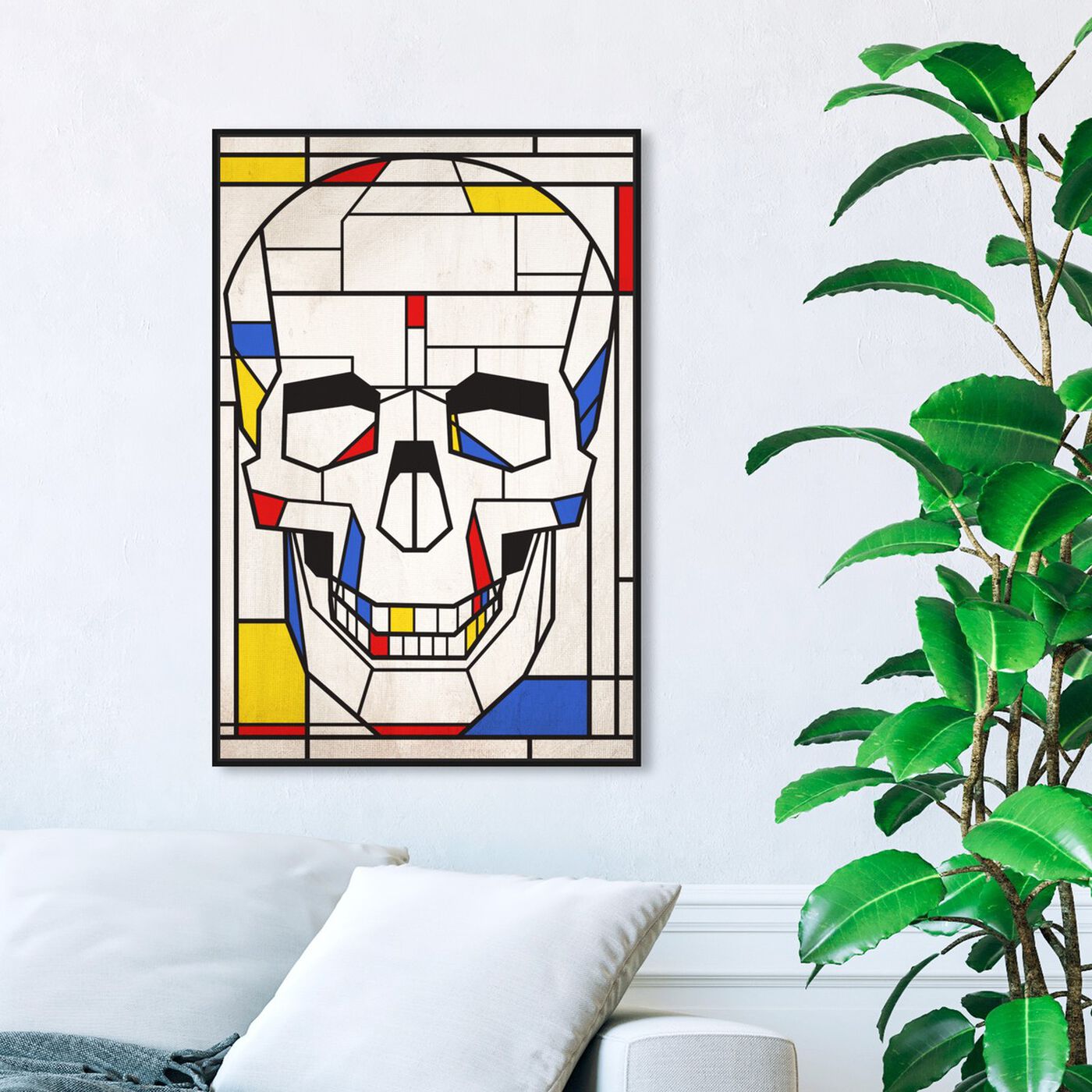 Hanging view of Skull No. 1 featuring symbols and objects and skull art.