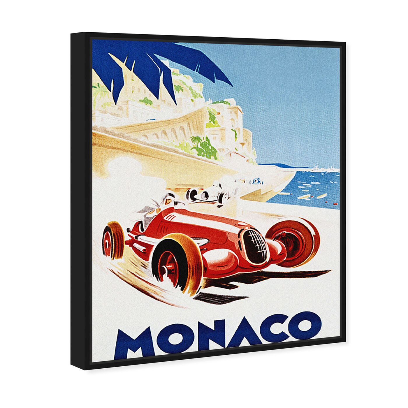 Angled view of Monaco Grand Prix featuring advertising and posters art.