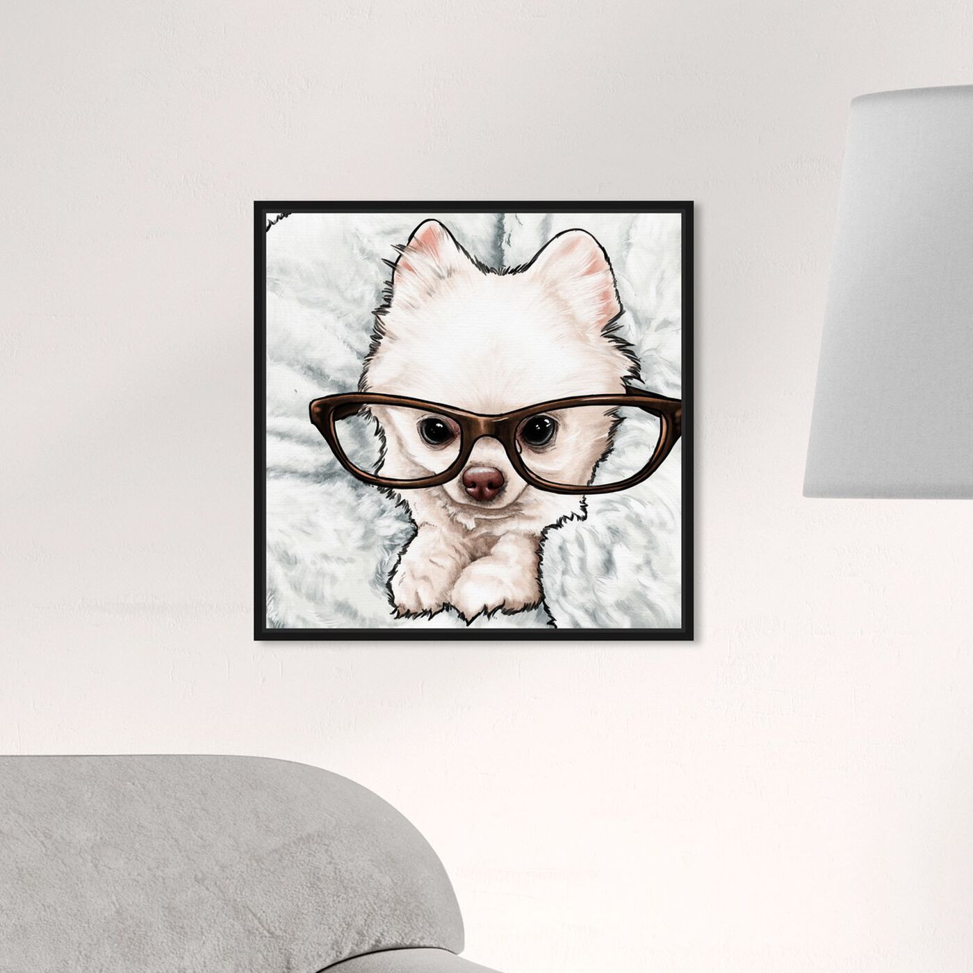 Hanging view of Glasses and Fluff featuring animals and dogs and puppies art.