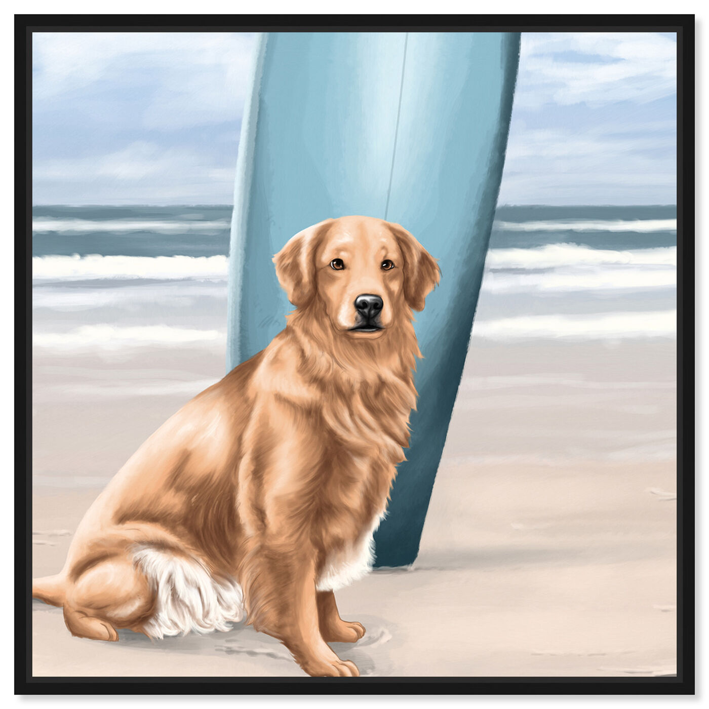 Front view of Surfer Golden Retriever featuring animals and dogs and puppies art.