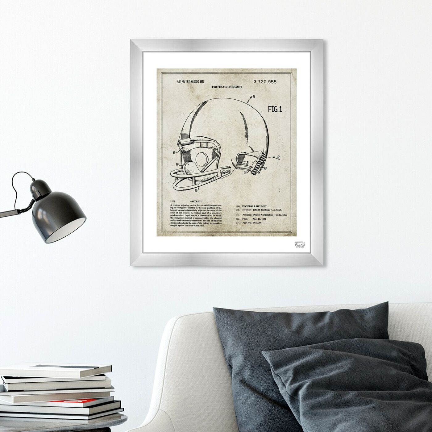 Hanging view of Football Helmet 1973 featuring sports and teams and football art.