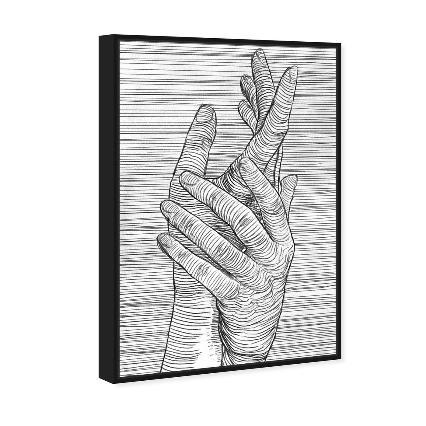 Angled view of Linear Hands featuring abstract and shapes art.