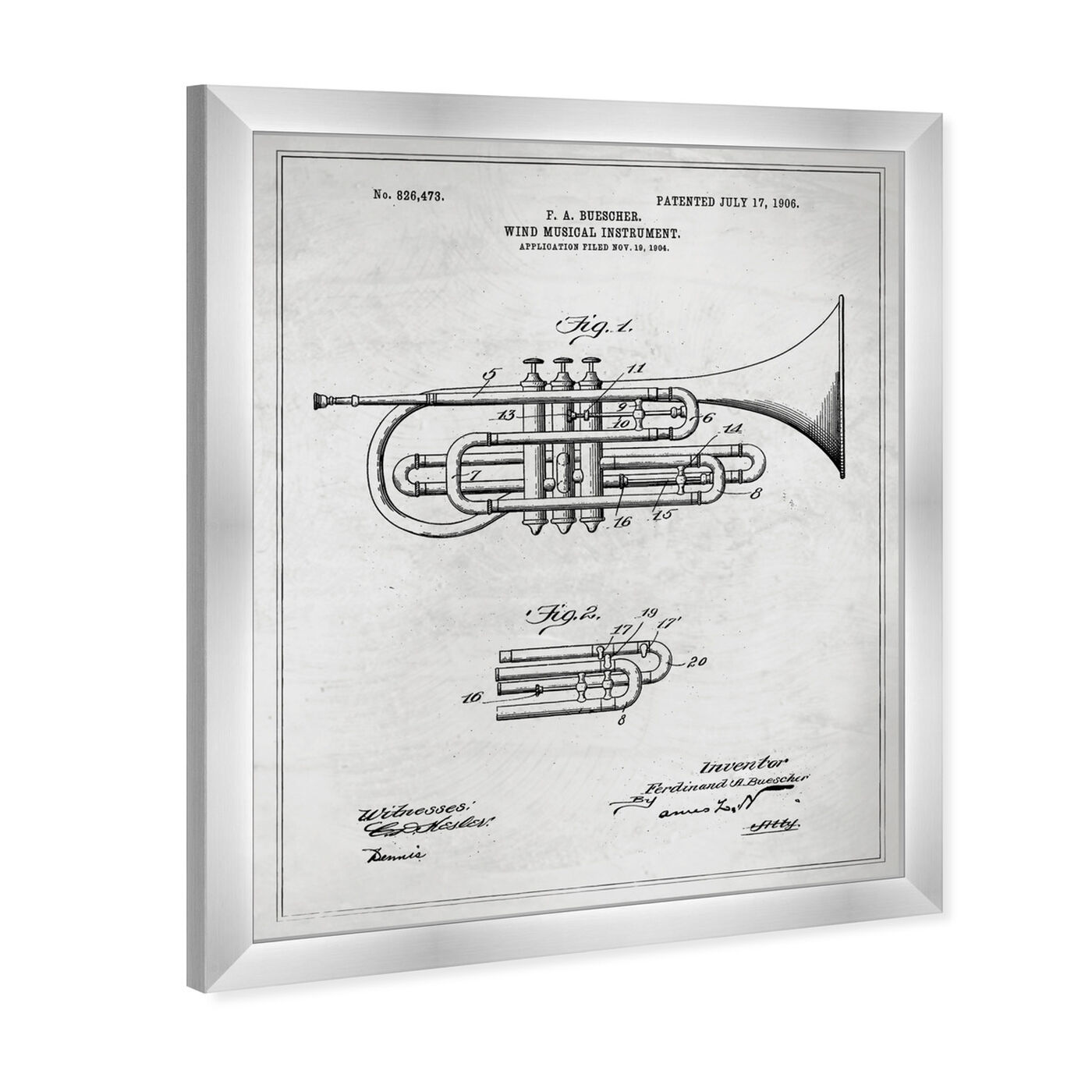 Angled view of Wind Musical Instrument 1906 Blueprint featuring music and dance and music instruments art.