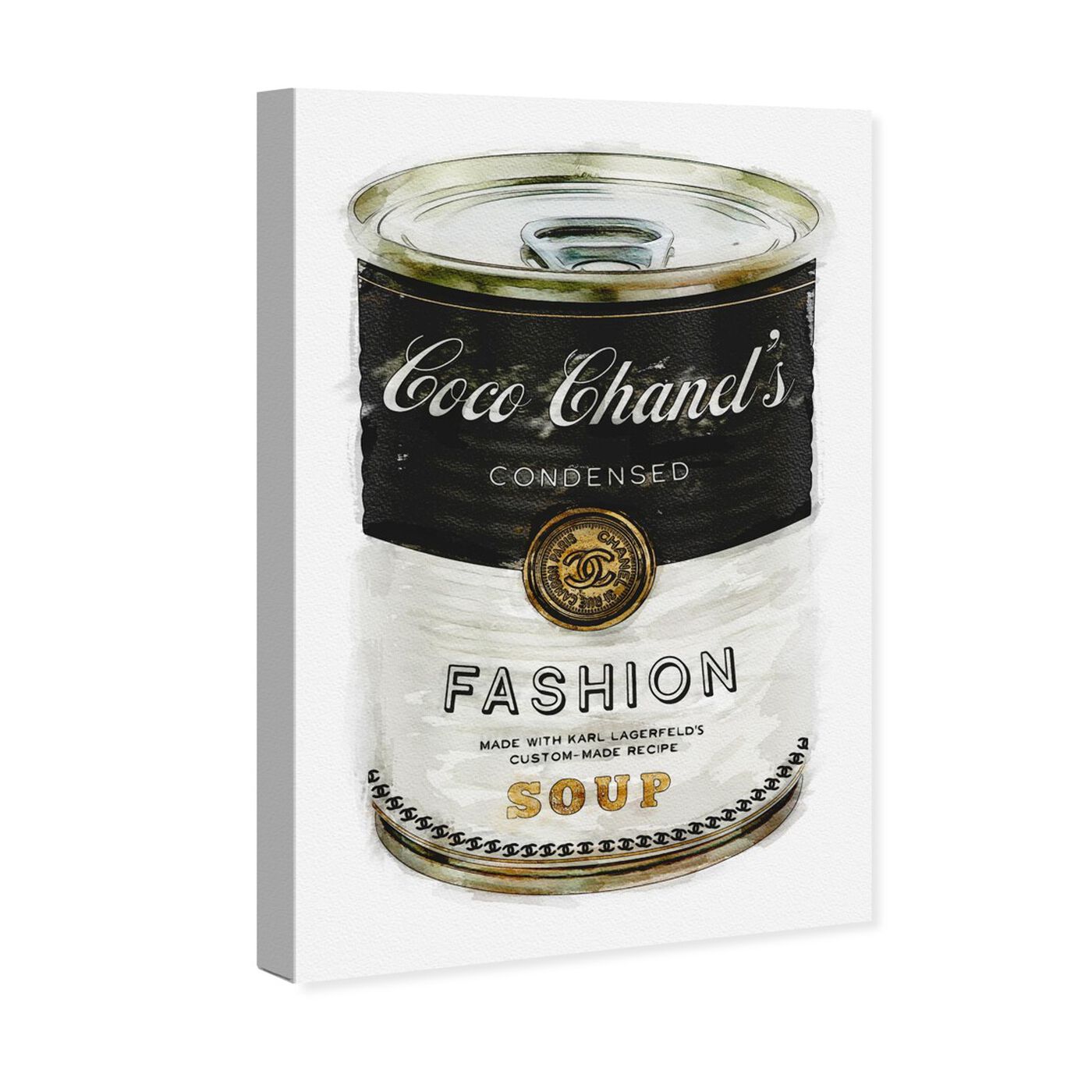Angled view of Fashion Soup featuring fashion and glam and soup can art.