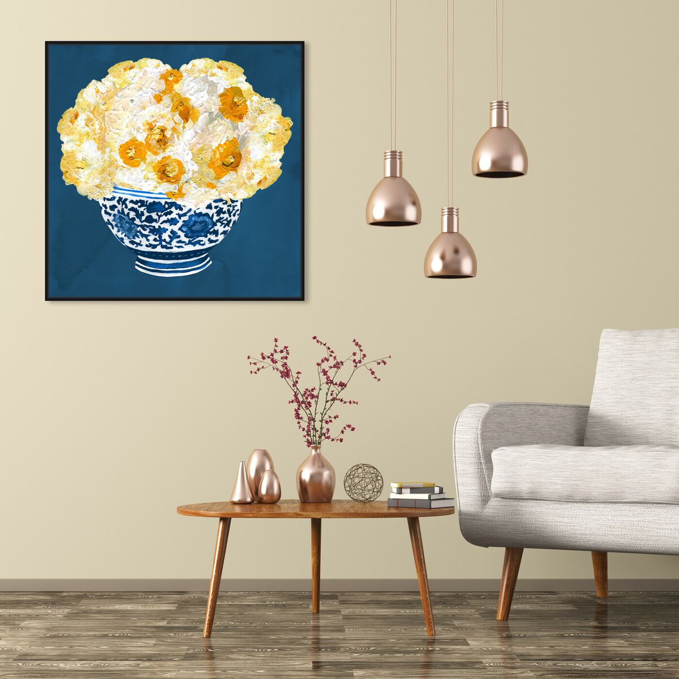 Hanging view of Blue and Yellow Vase featuring floral and botanical and florals art.
