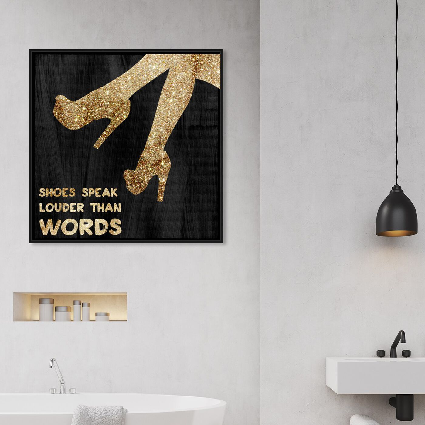 Hanging view of Gold Shoes Speak featuring fashion and glam and shoes art.