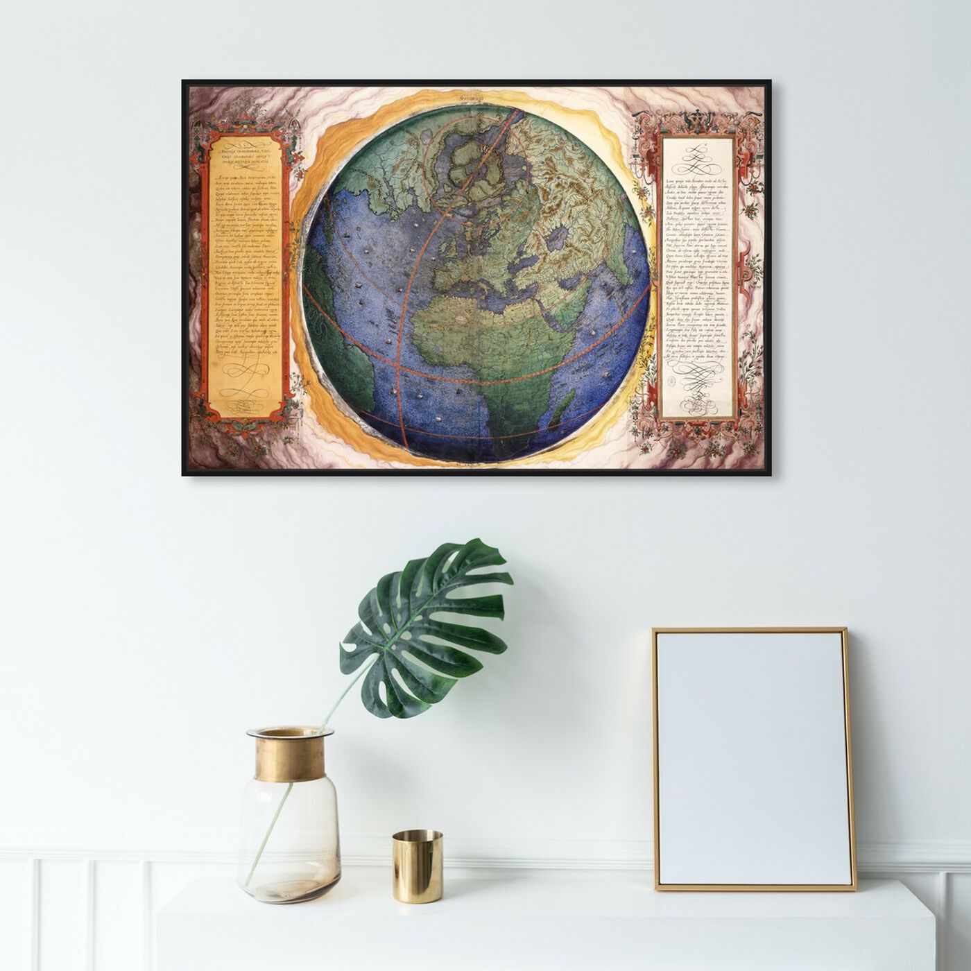 Hanging view of Prioris Hemisphaerii featuring maps and flags and world maps art.