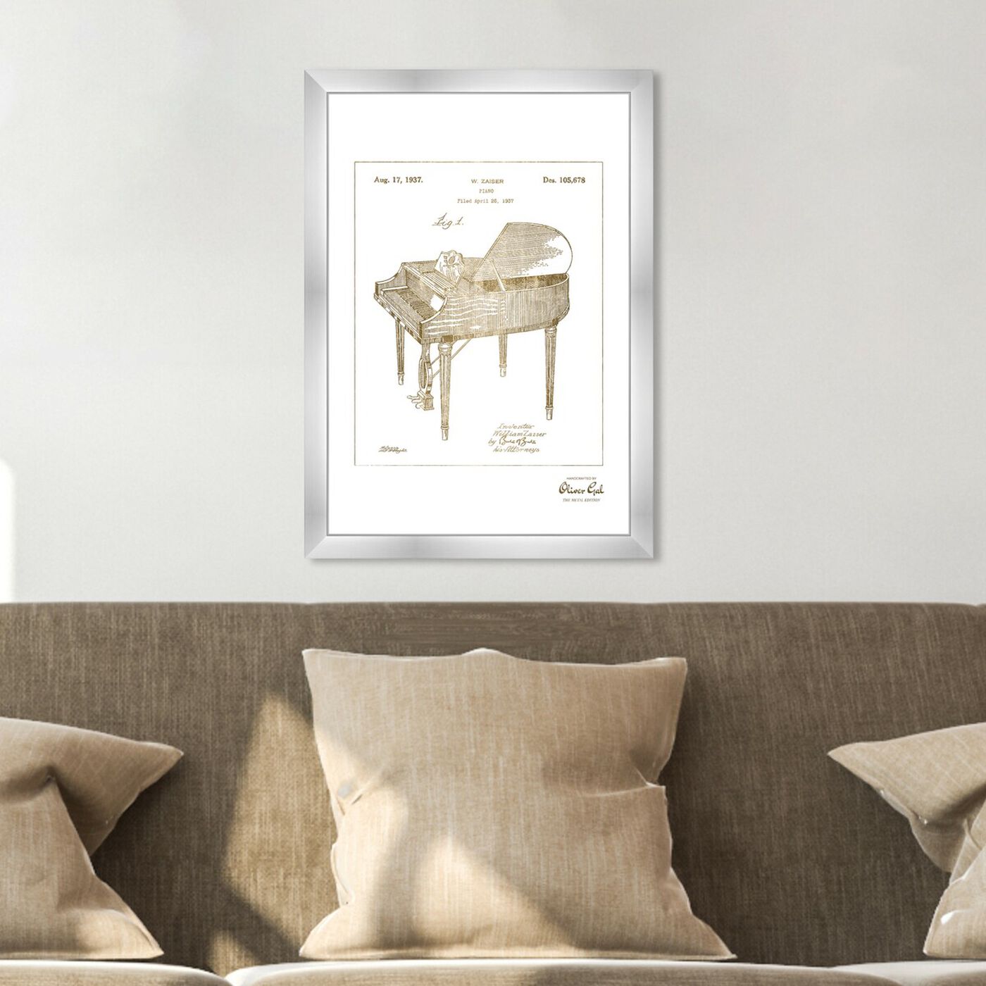 Hanging view of Piano 1937 Gold featuring music and dance and music instruments art.