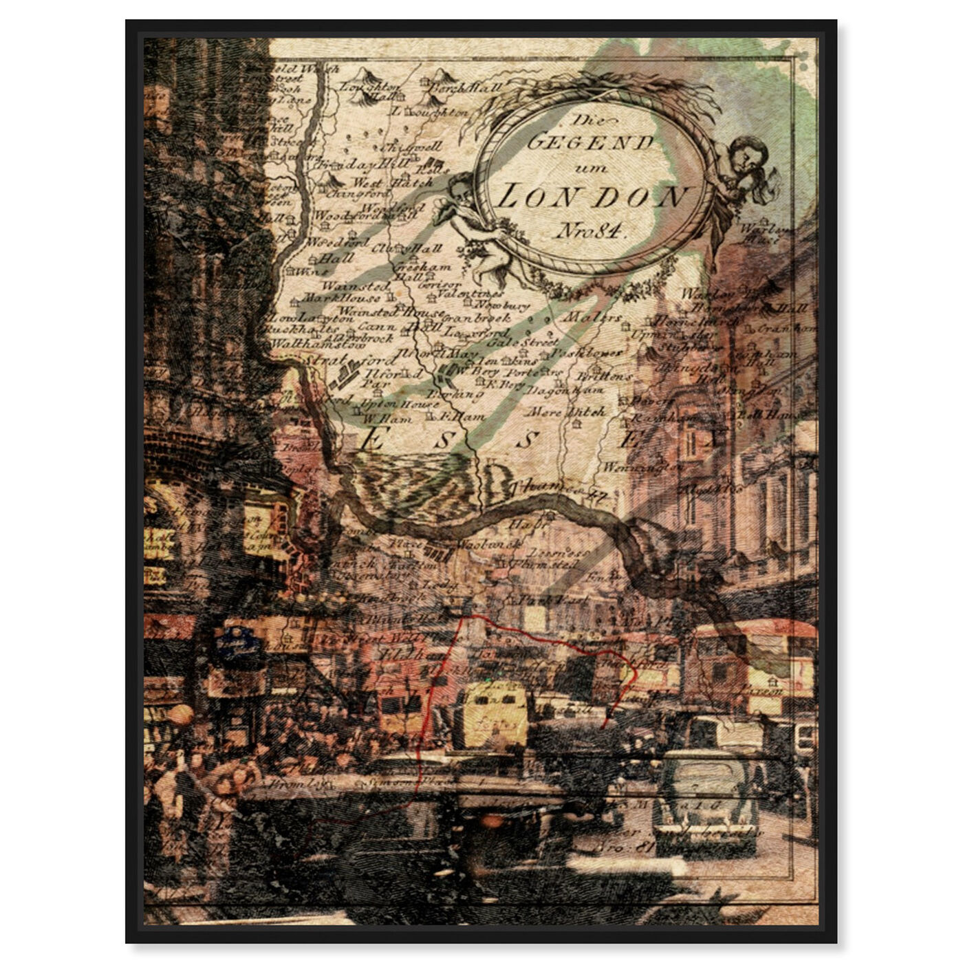 Front view of London Classic featuring maps and flags and european cities maps art.