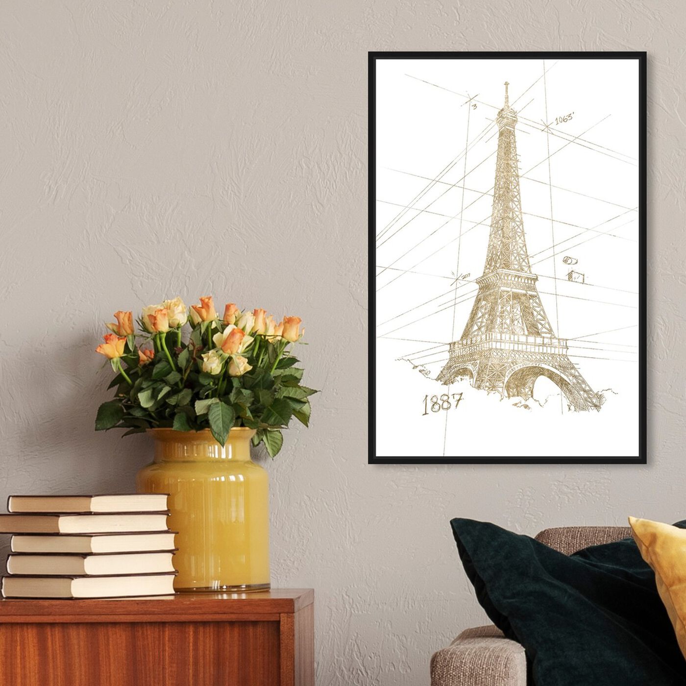 Hanging view of Golden Eiffel Tower featuring architecture and buildings and european buildings art.