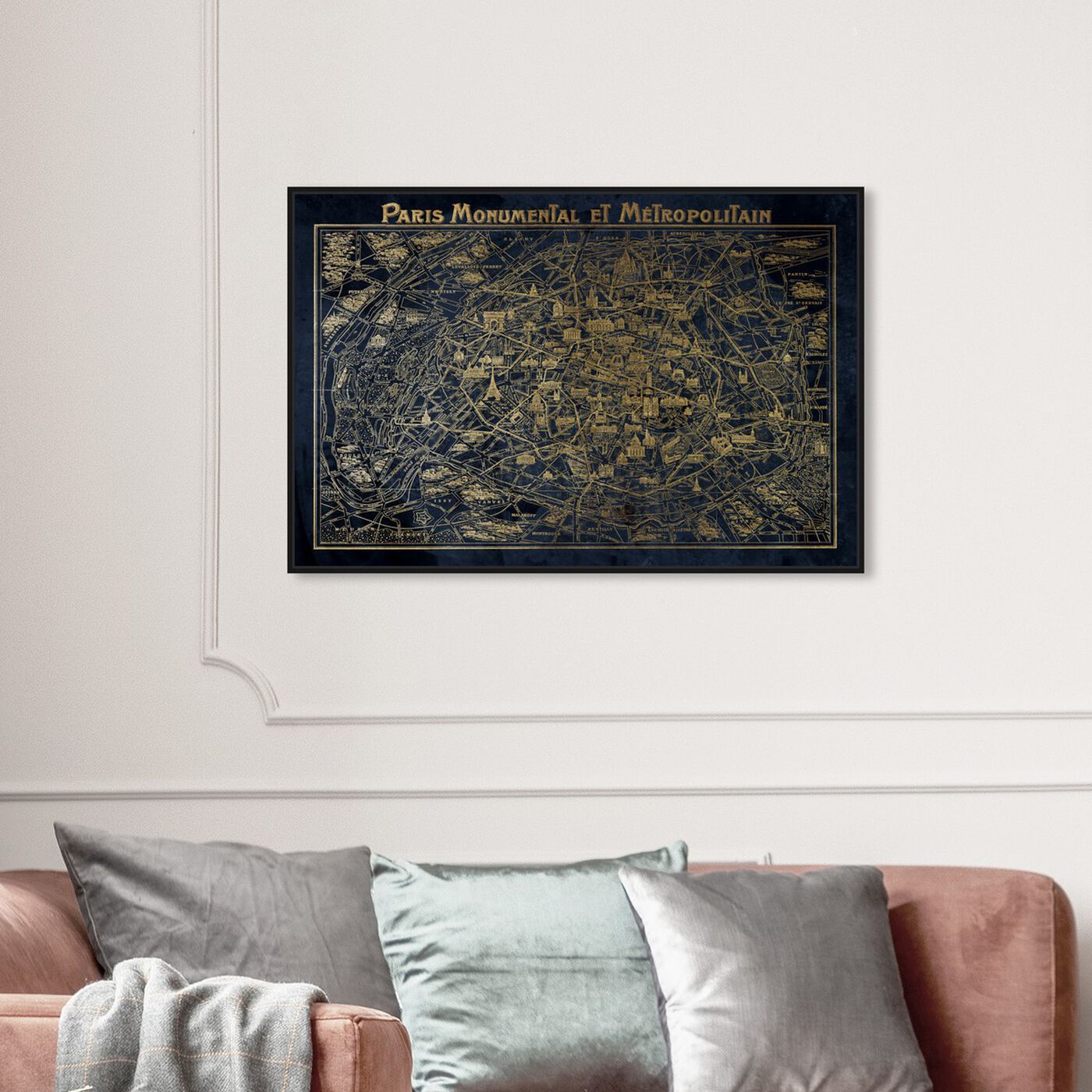 Hanging view of Navy Gold Paris Map featuring maps and flags and european cities maps art.