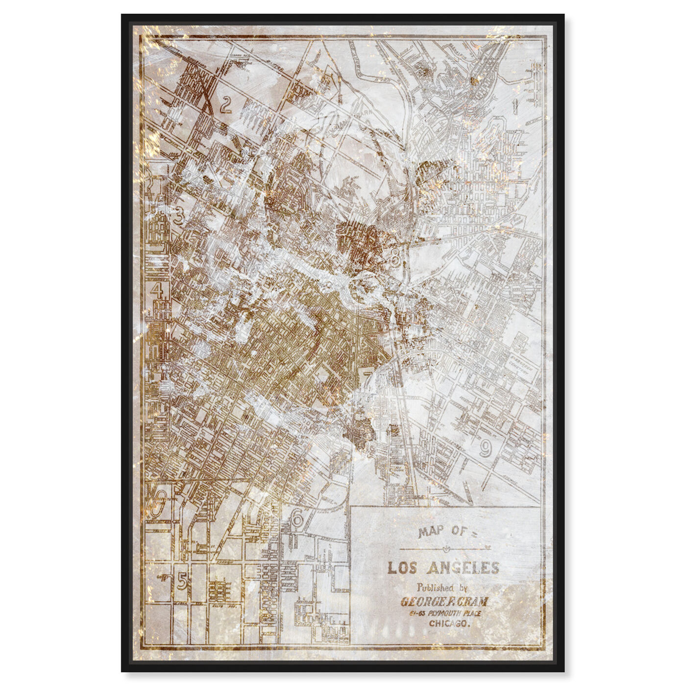 Front view of Dusty Gold Los Angeles Map featuring maps and flags and us cities flags art.