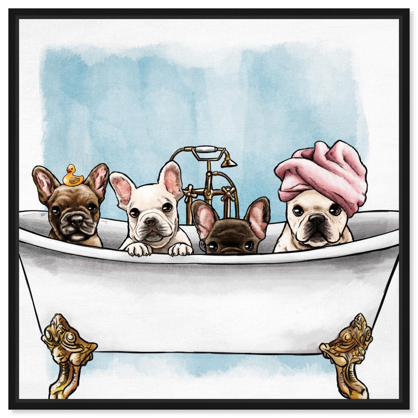 Front view of Frenchies In The Tub featuring animals and dogs and puppies art.