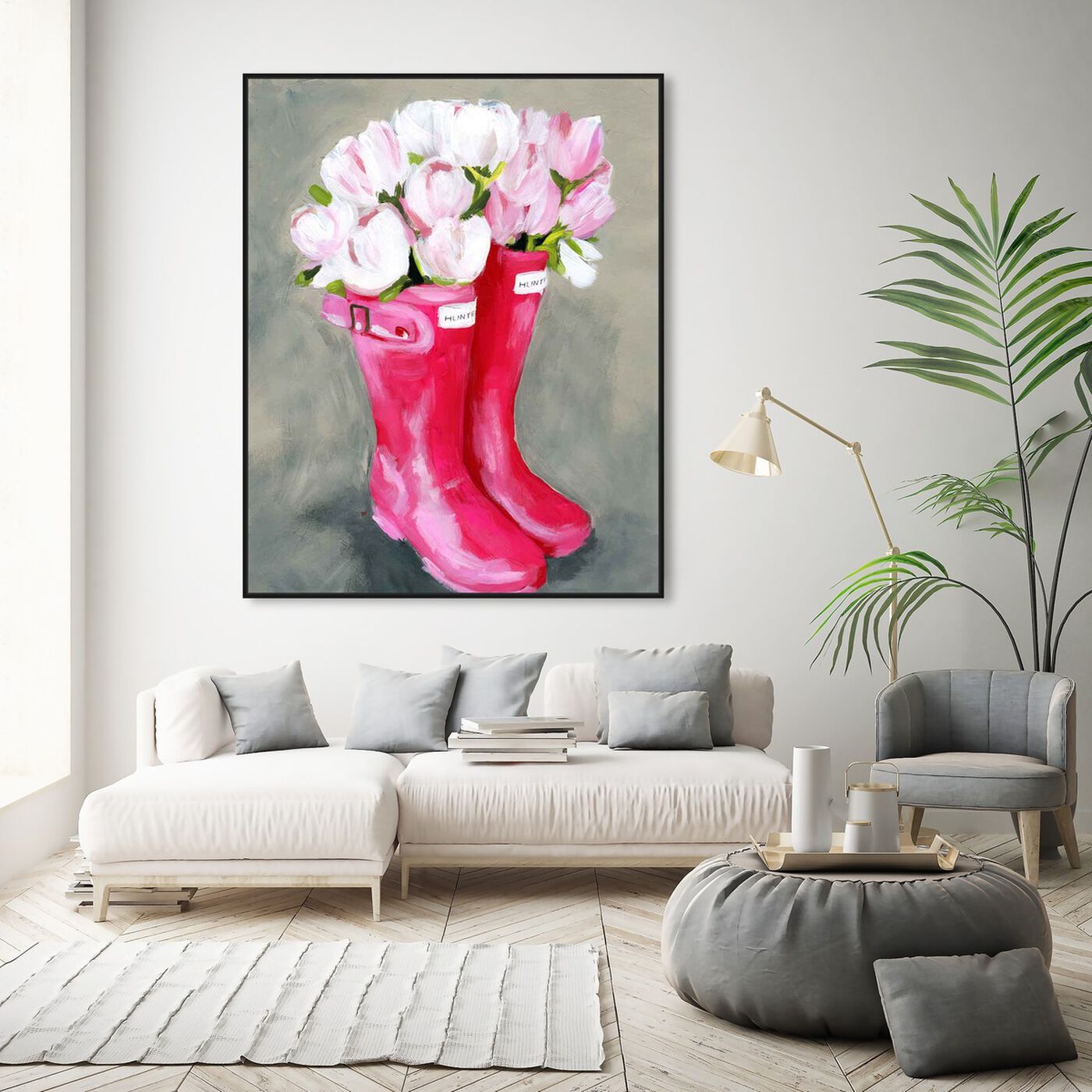 Hanging view of Tulips & Rainboots featuring floral and botanical and florals art.