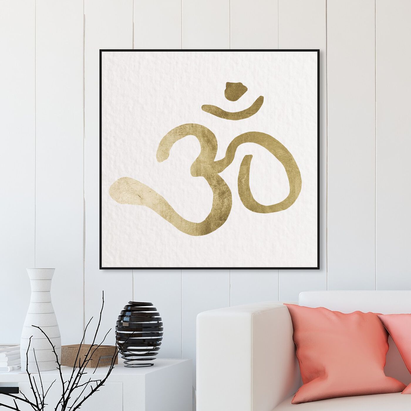 Hanging view of Ohm Gold Paper featuring symbols and objects and mystic symbols art.