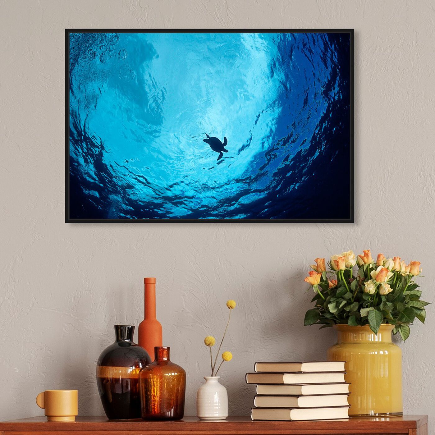 Hanging view of Blue Green Sea Turtle by David Fleetham featuring nautical and coastal and marine life art.