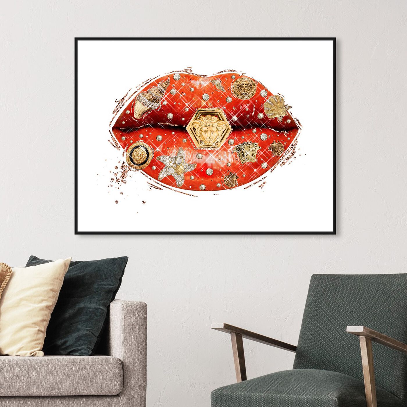 Hanging view of Gianni Coral Lips featuring fashion and glam and lips art.