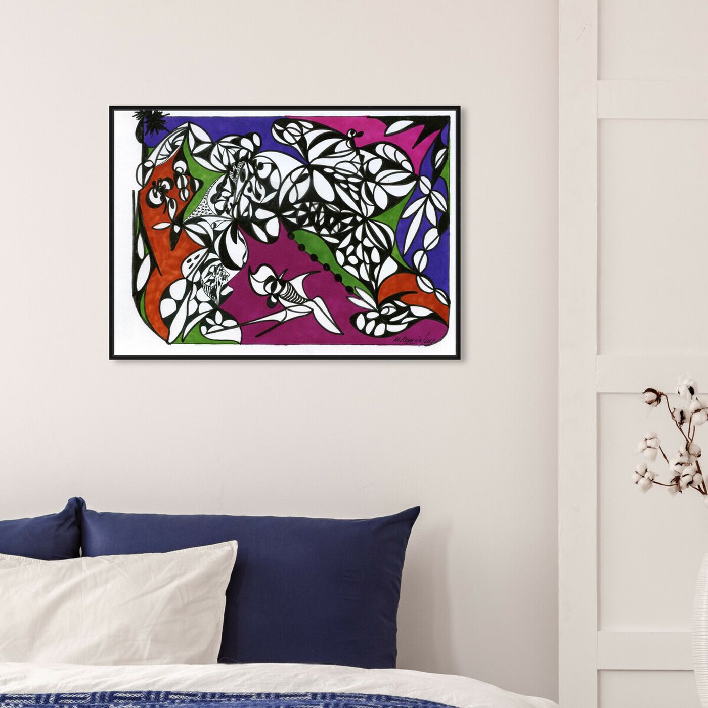 Hanging view of Descent featuring abstract and shapes art.