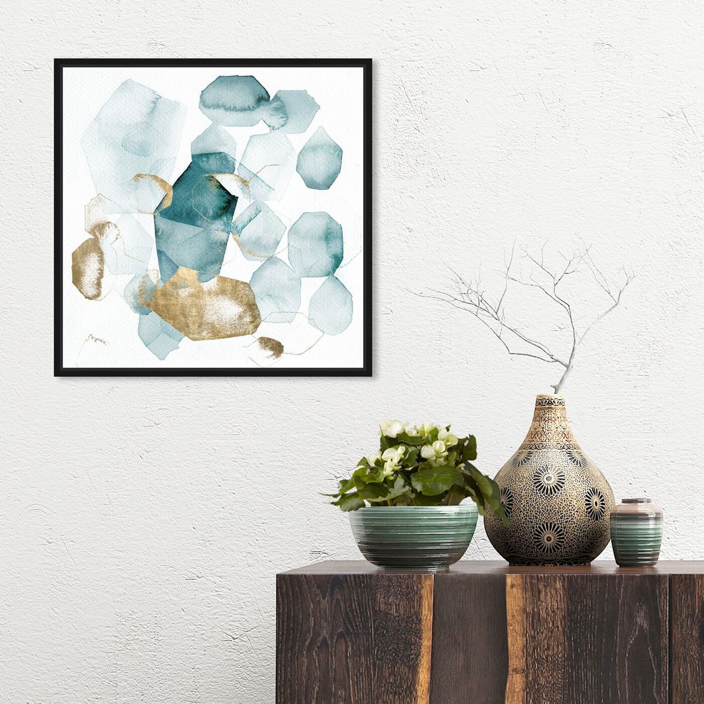 Hanging view of Pebbles in the River Peacock featuring abstract and watercolor art.