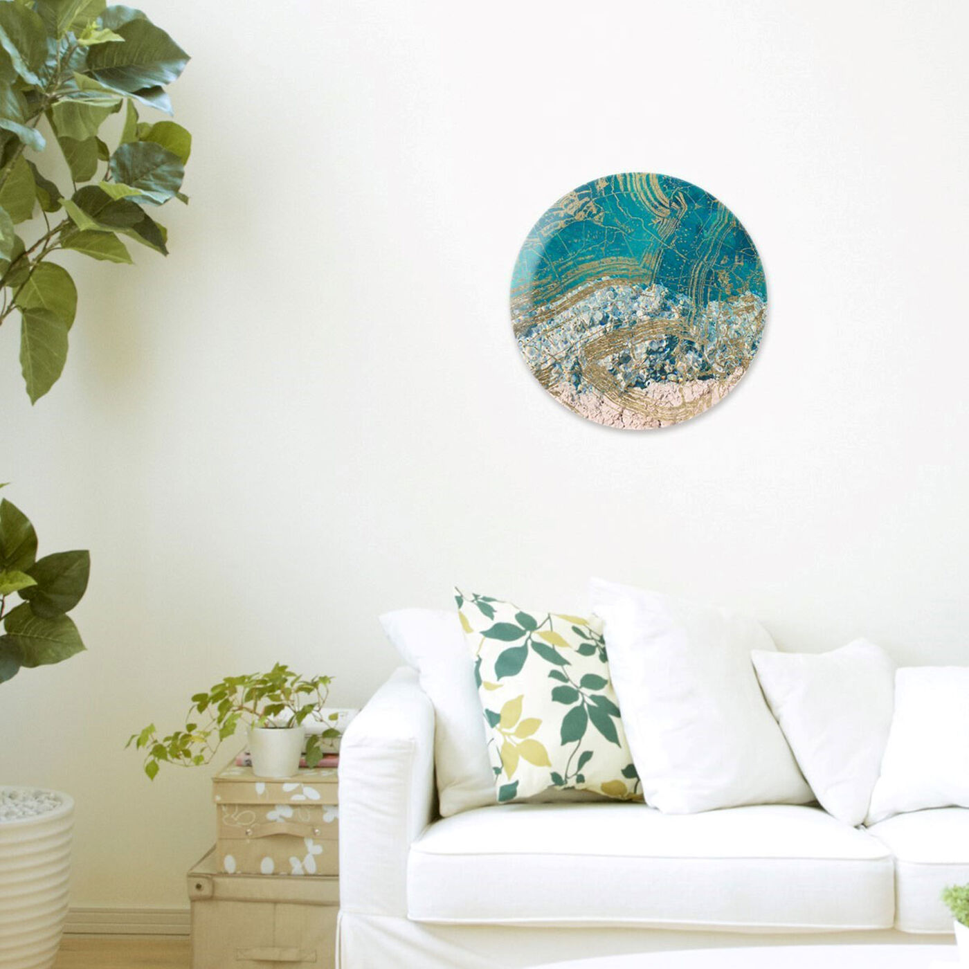 Hanging view of Salt Water Round featuring nautical and coastal and marine life art.
