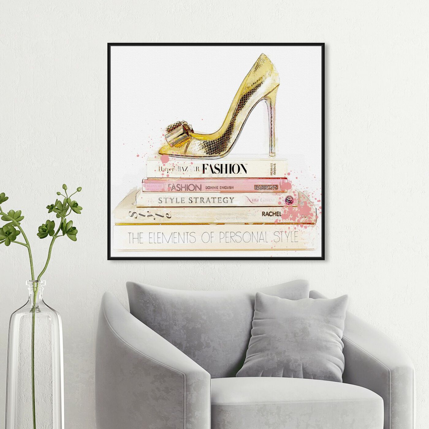 Hanging view of Gold Shoe and Blush Books featuring fashion and glam and books art.