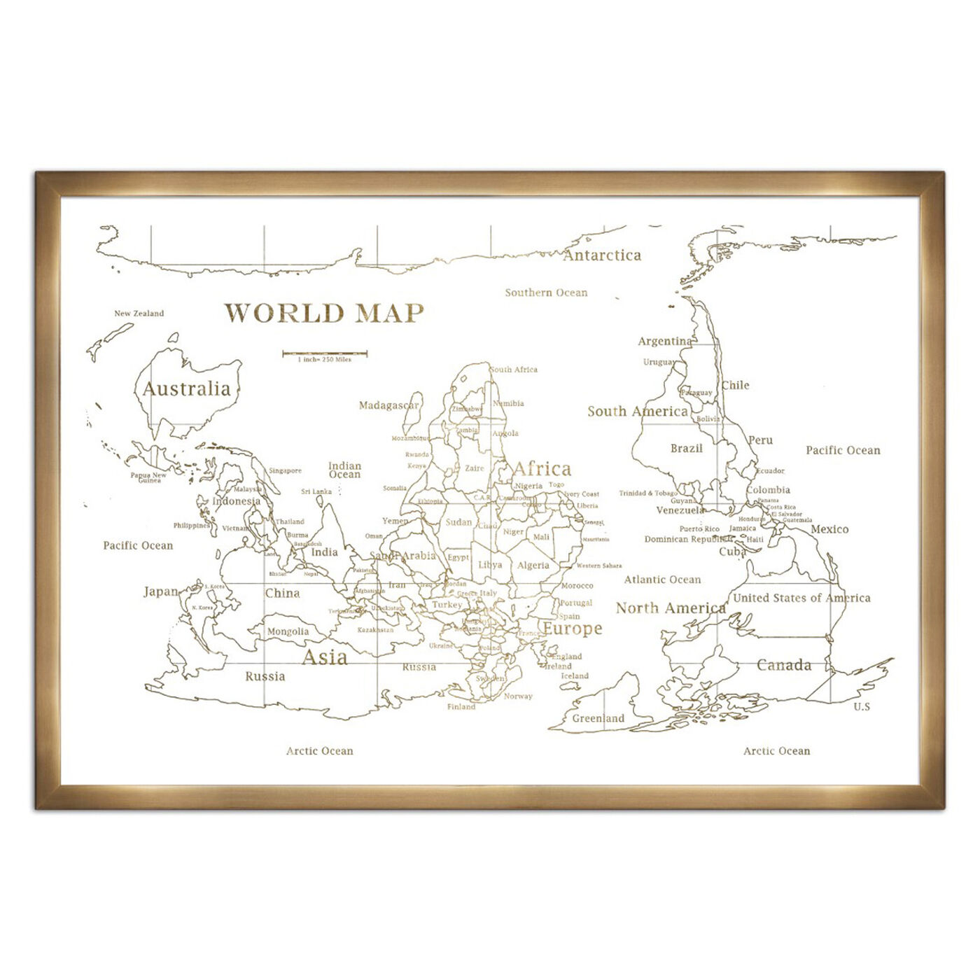Upside-down Map of the World- Gold Metallic