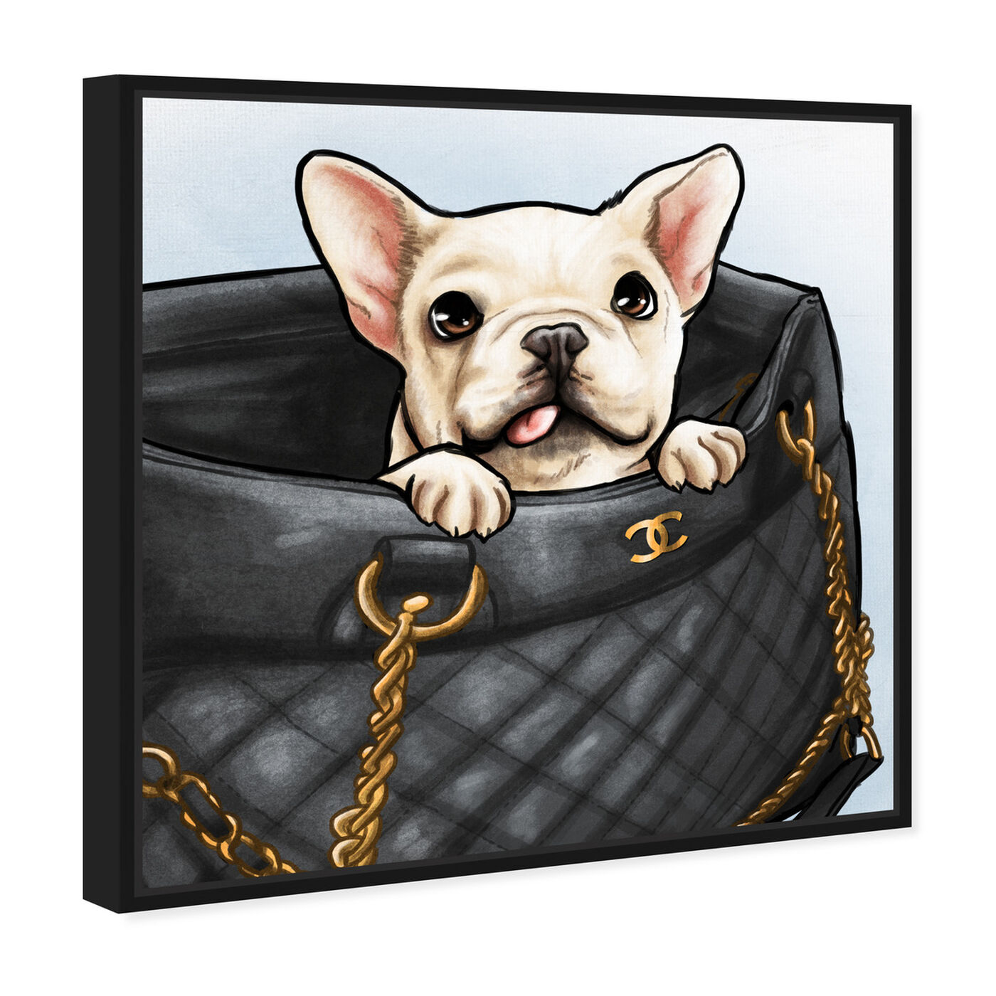 Angled view of Peek a Boo Frenchie featuring fashion and glam and handbags art.