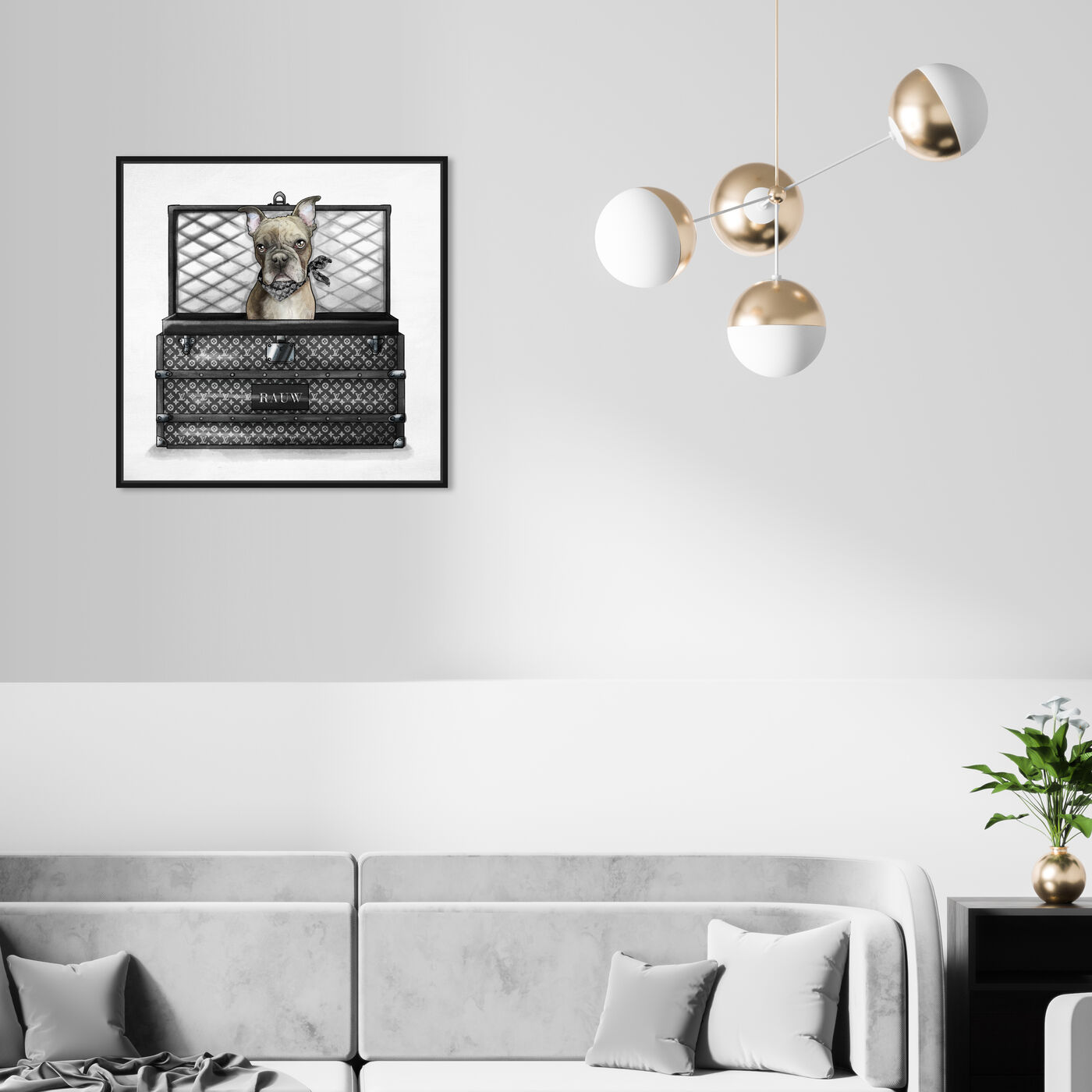 Hanging view of Black Luxury Traveler featuring animals and dogs and puppies art.
