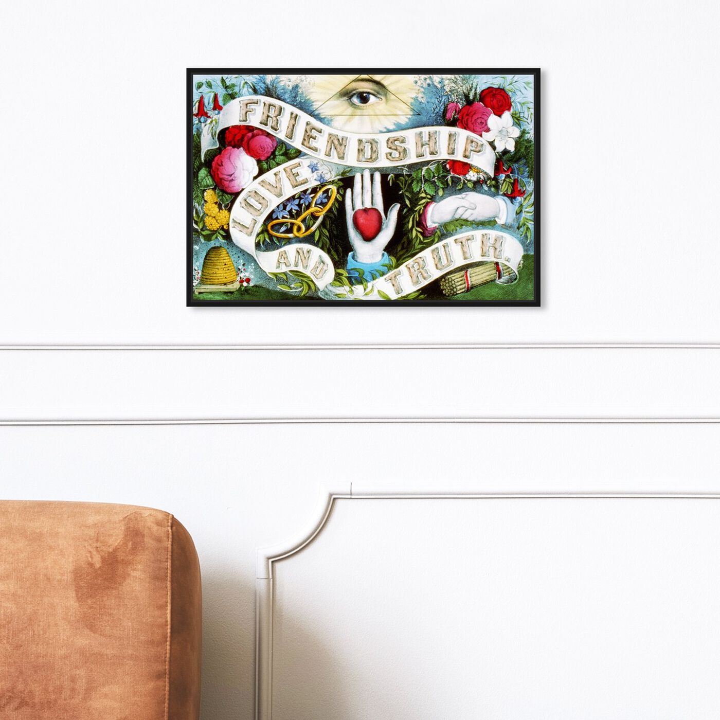 Hanging view of Friendship Love and Truth featuring symbols and objects and mystic symbols art.
