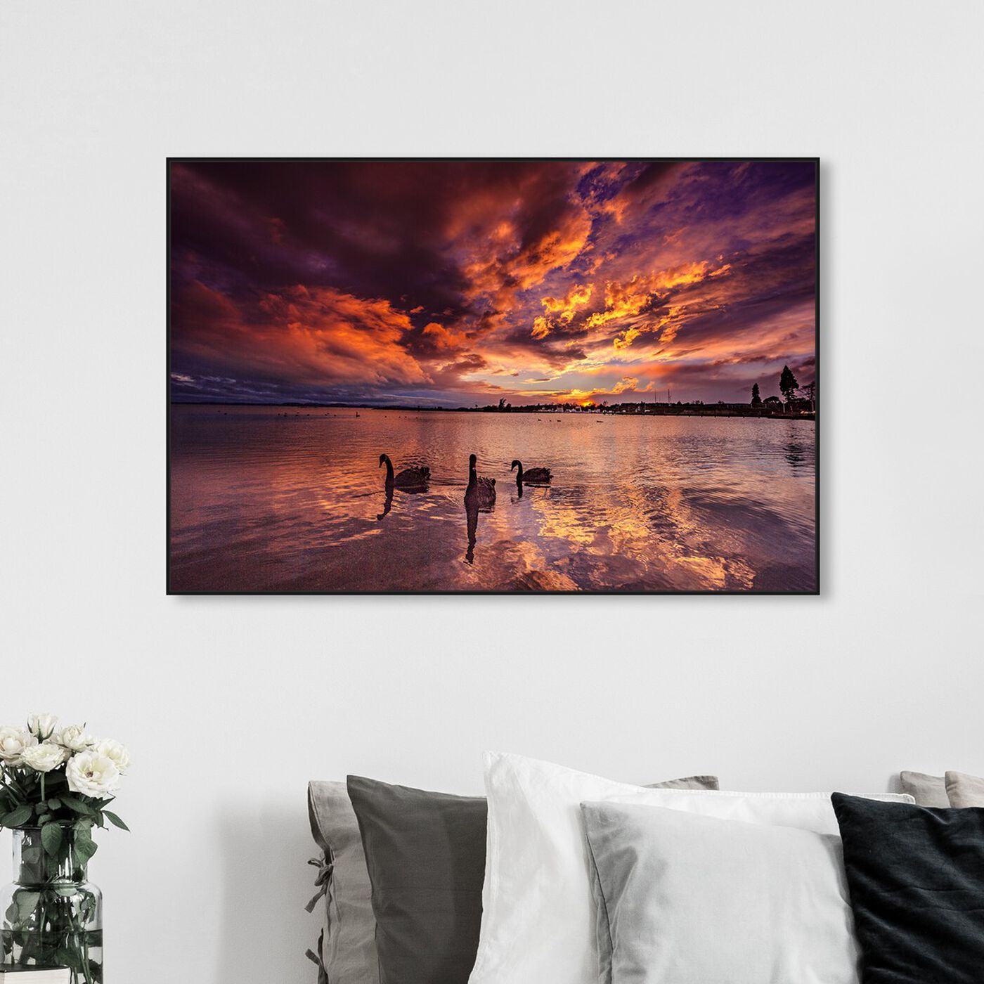 Hanging view of Curro Cardenal - Fire in the Sky Swan featuring nautical and coastal and coastal landscapes art.