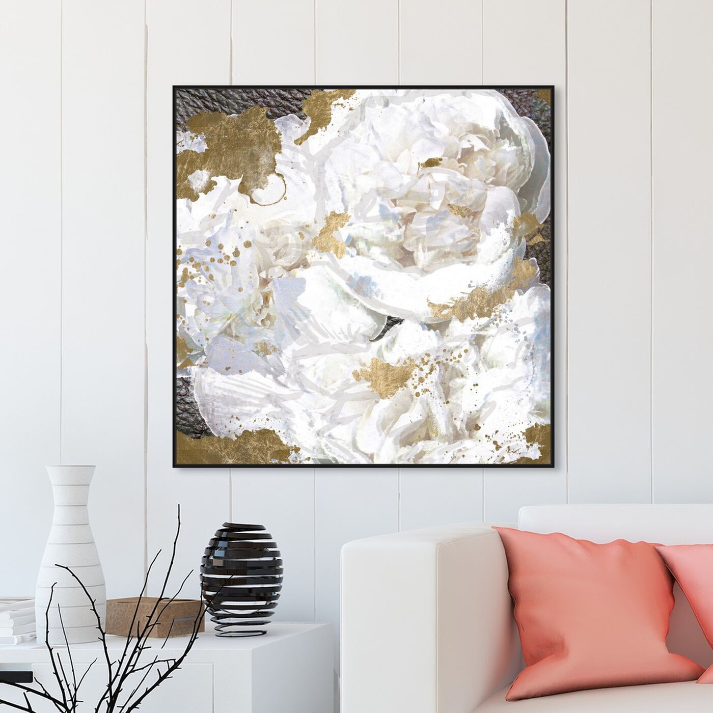 Hanging view of White Peony and Gold featuring floral and botanical and florals art.