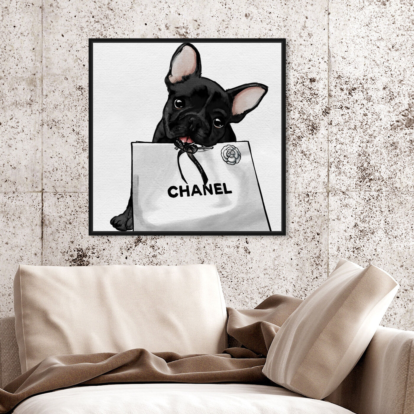 Hanging view of Frenchie Glam White Bag featuring animals and dogs and puppies art.