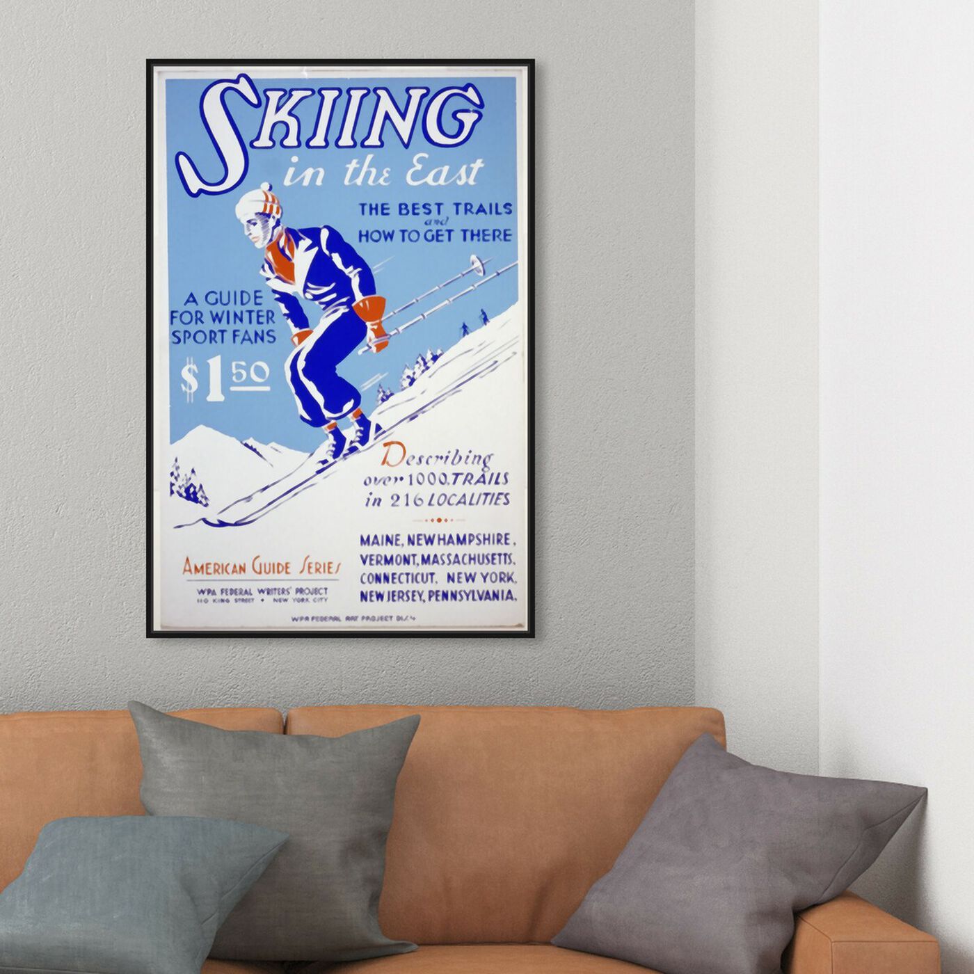 Hanging view of Skiing in the East featuring advertising and posters art.