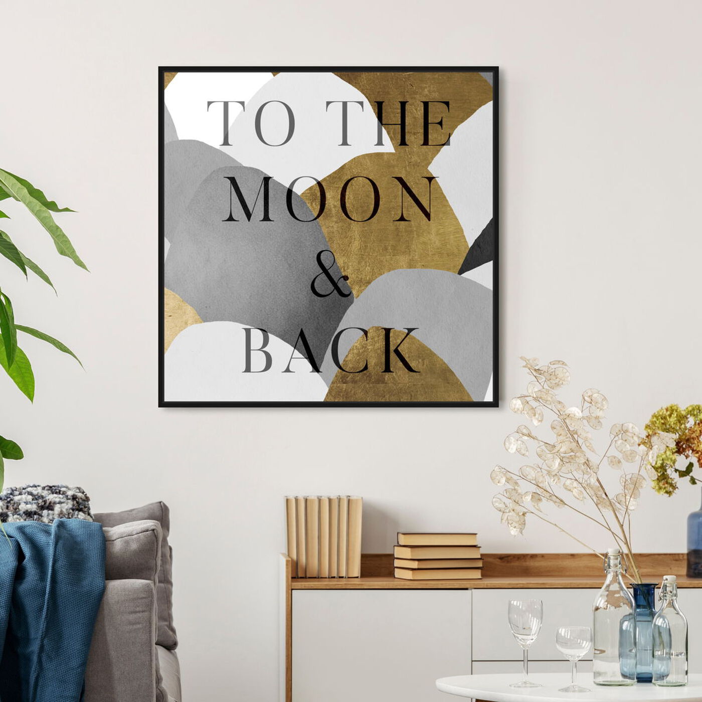 Hanging view of To The Moon Gray and Gold featuring typography and quotes and love quotes and sayings art.