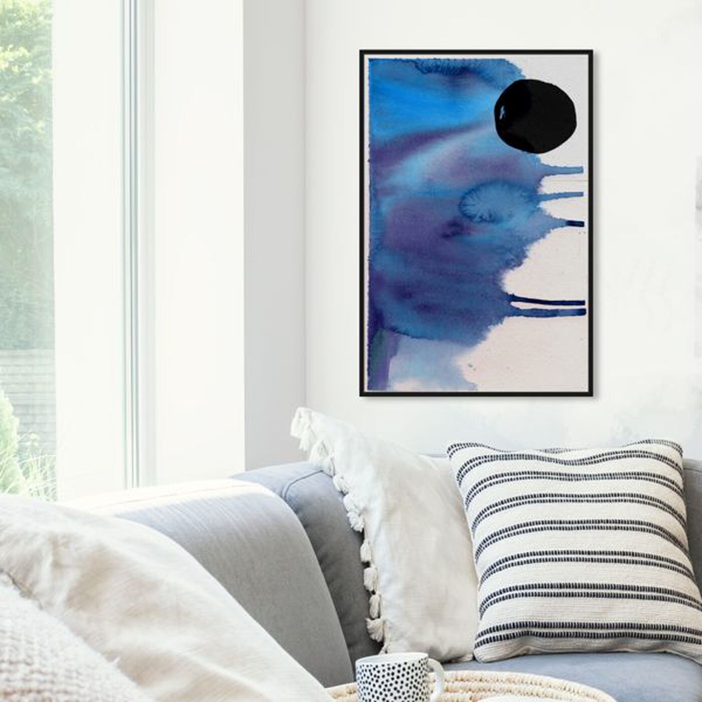Hanging view of Hiver featuring abstract and watercolor art.