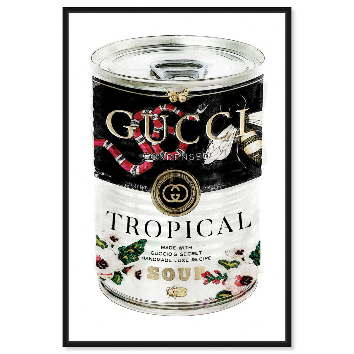 Front view of Italian Luxe Soup featuring fashion and glam and soup can art.
