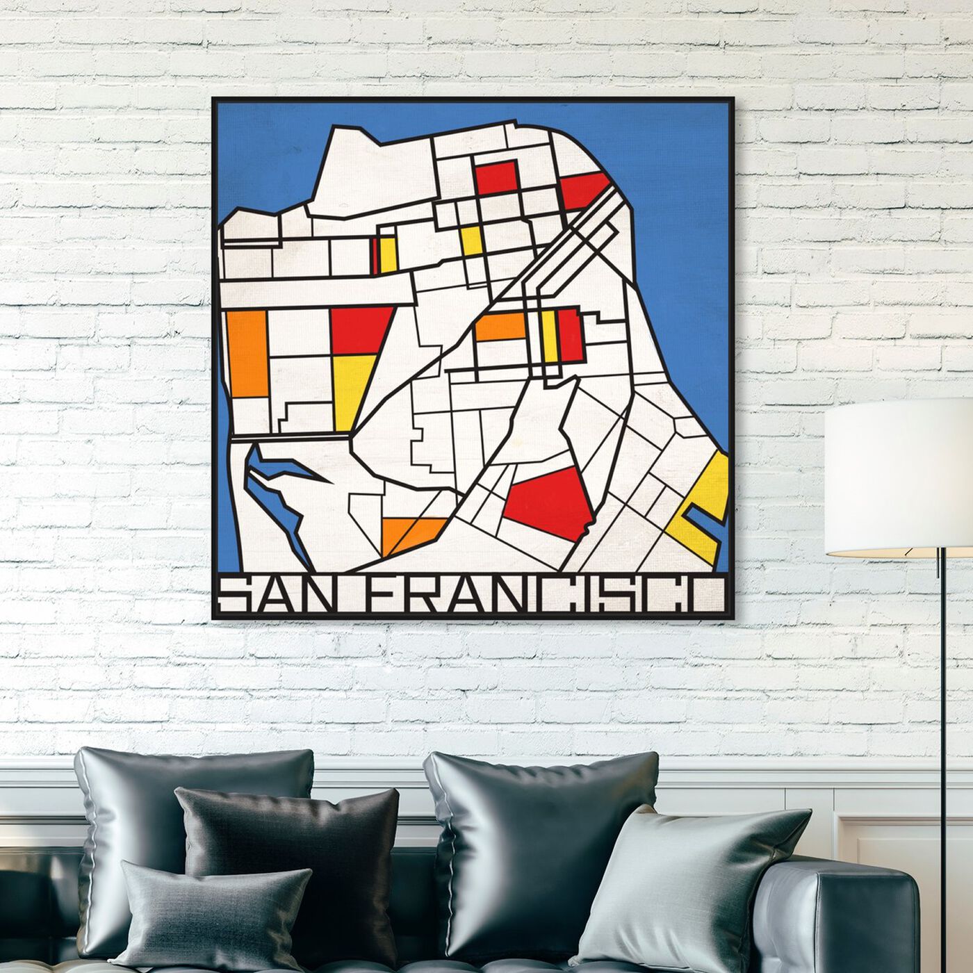 Hanging view of San Francisco Solid Color Map featuring maps and flags and us cities maps art.