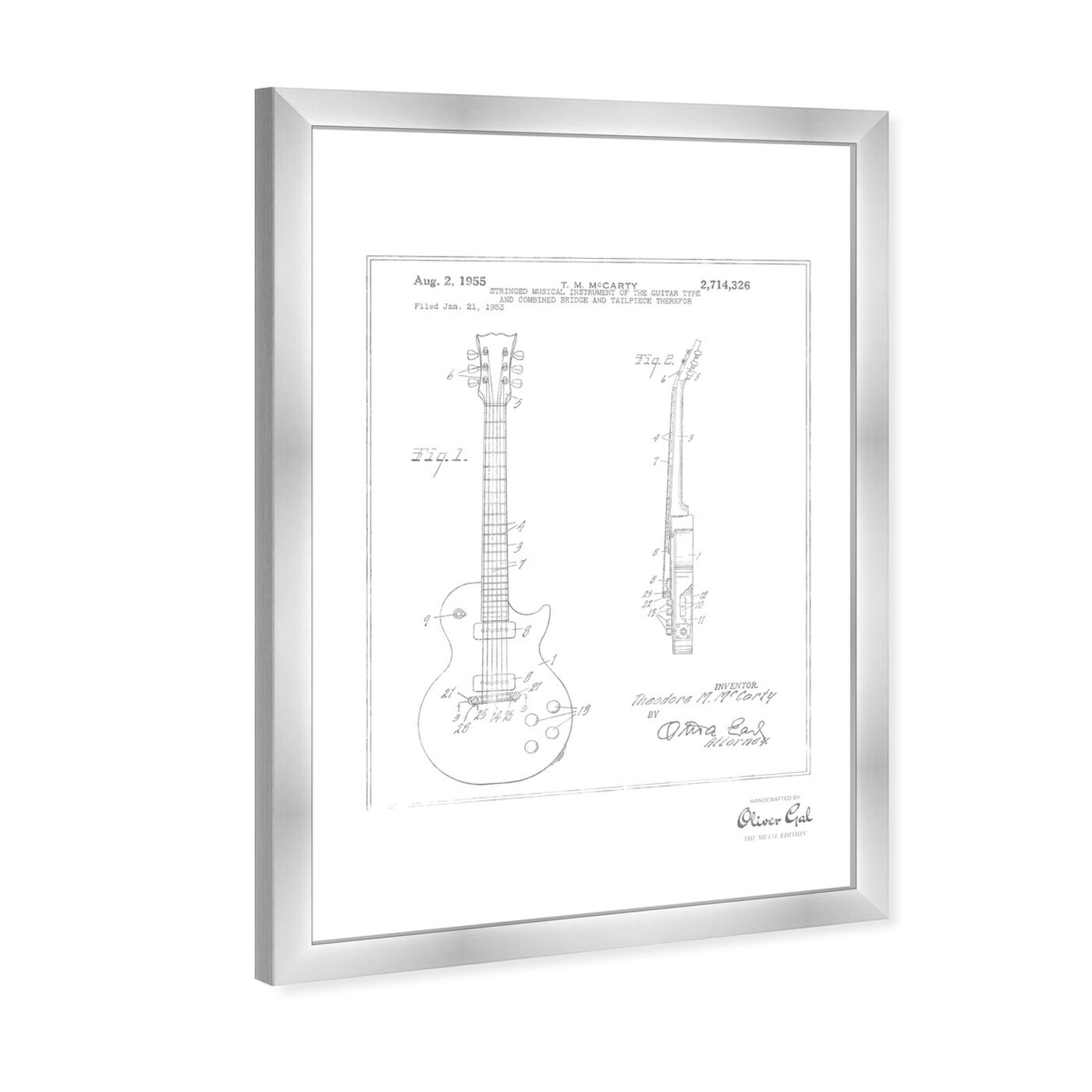 Angled view of Gibson Les Paul Guitar 1955, Silver Foil featuring music and dance and music instruments art.