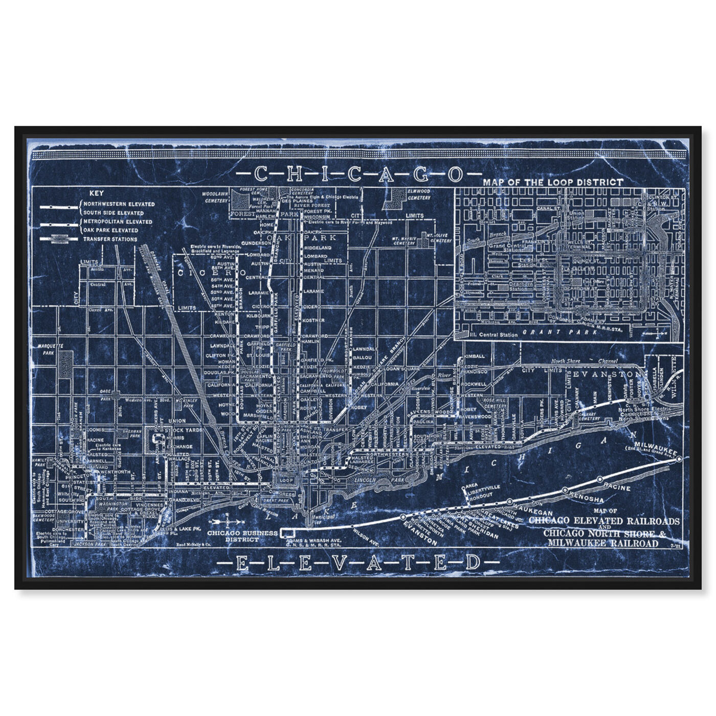Front view of Chicago Railroad Blueprint Map featuring maps and flags and us cities maps art.