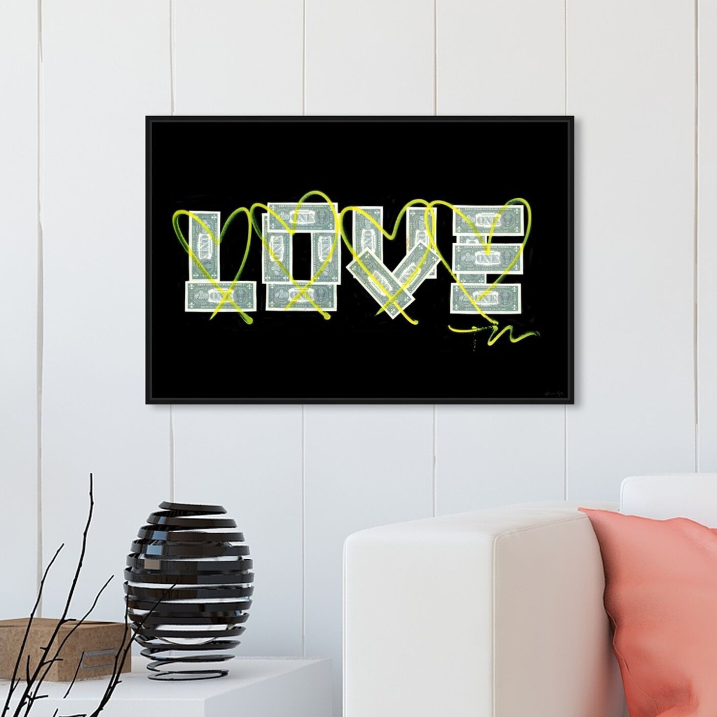 Hanging view of Dollar Love by Tiago Magro featuring typography and quotes and love quotes and sayings art.