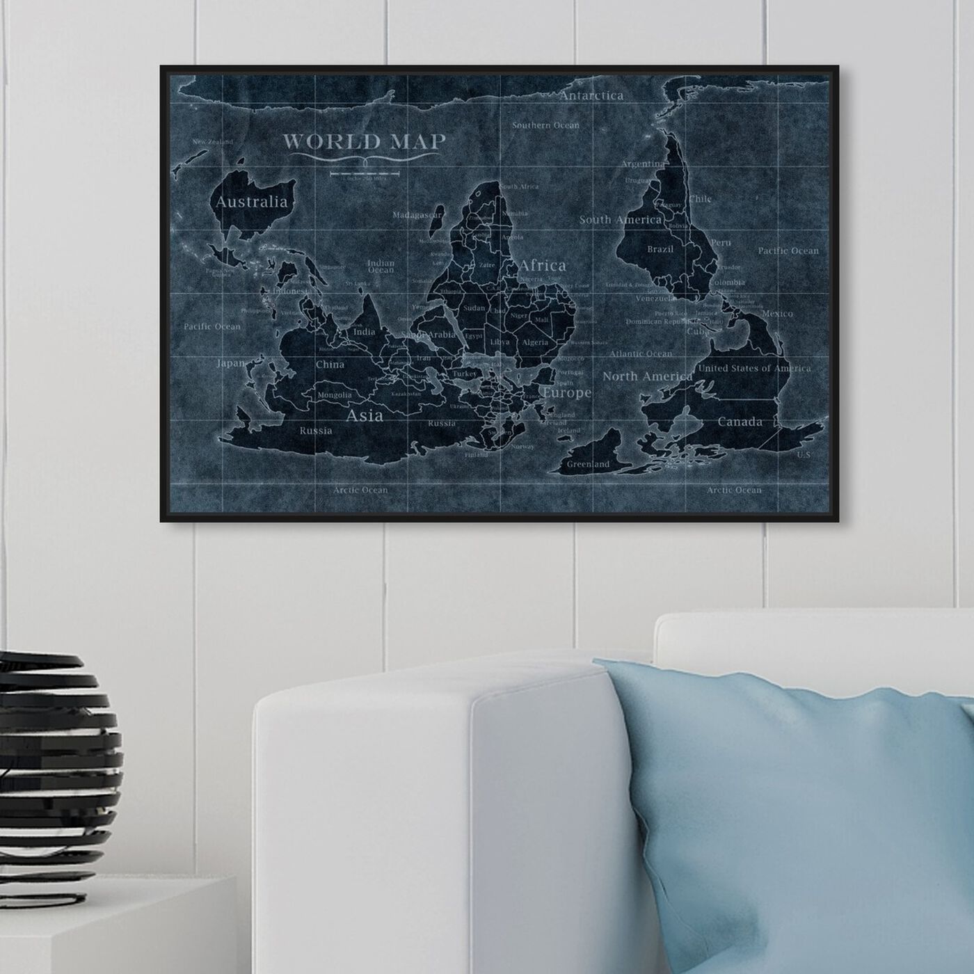 Hanging view of Upside-Down Map of the World Noir featuring maps and flags and world maps art.