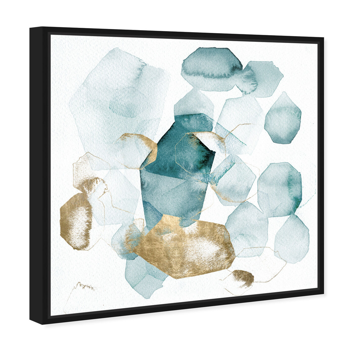 Angled view of Pebbles in the River Peacock featuring abstract and watercolor art.