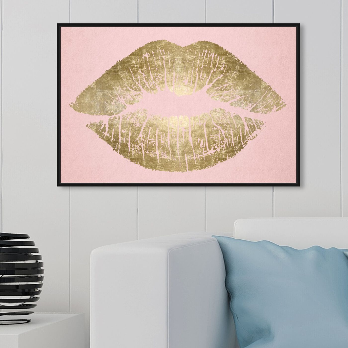 Hanging view of Solid Kiss Blush and Gold featuring fashion and glam and lips art.